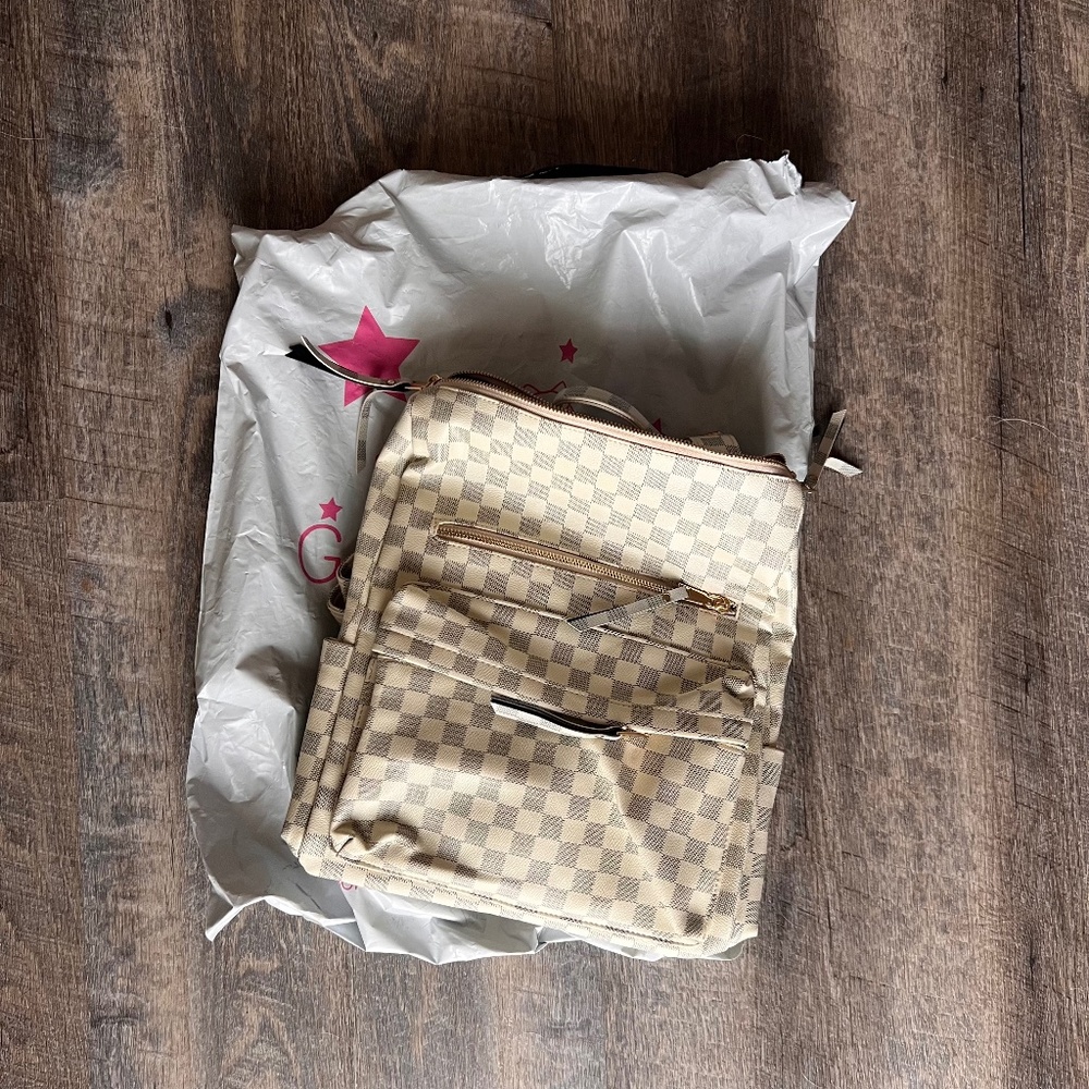 Cream Checkered Backpack